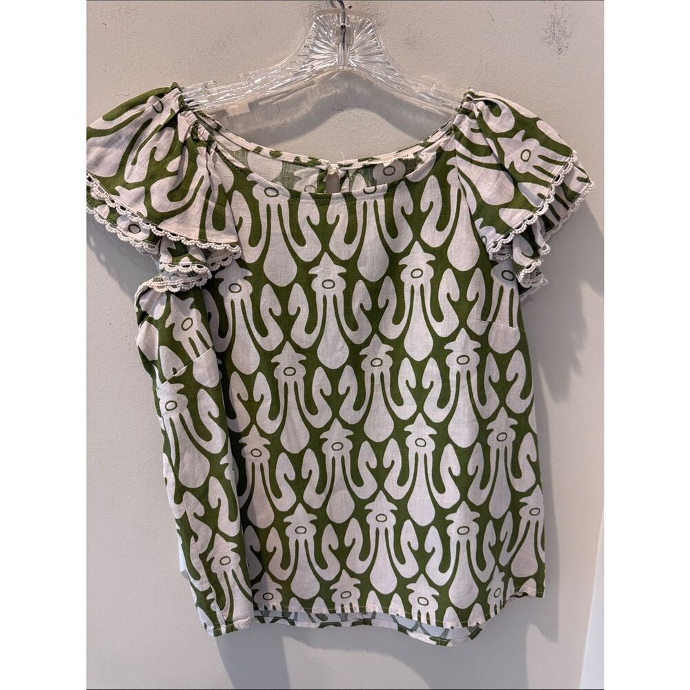 Christian Siriano Olive Green & White Patterned Ruffle-Sleeve Blouse linen small